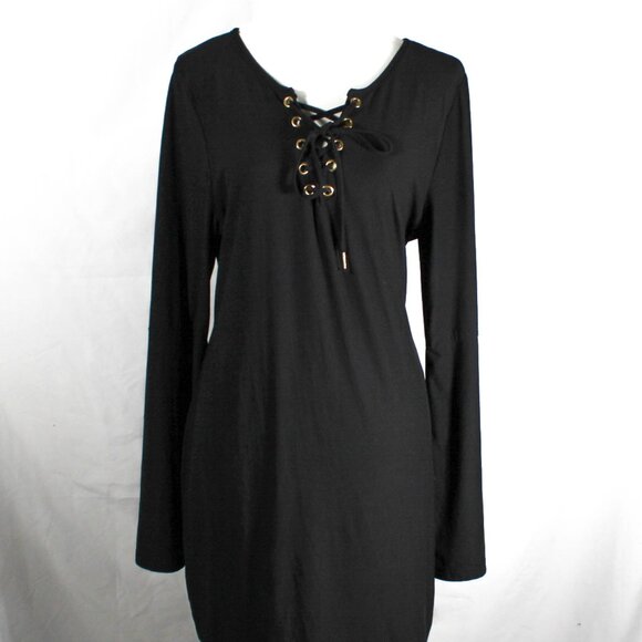 NWT Goth Witchy Plus Size 2X Black Bell Sleeve Corset Stitch Up Neckline Dress - Picture 4 of 12